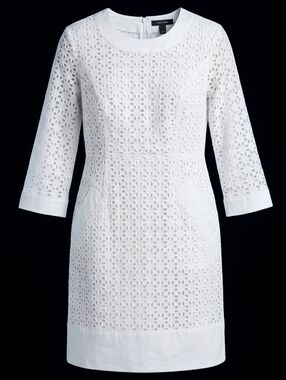 Lands' End 3/4 Sleeves Crewneck White Eyelet Event Cocktail Baptism Dress Sz 2P